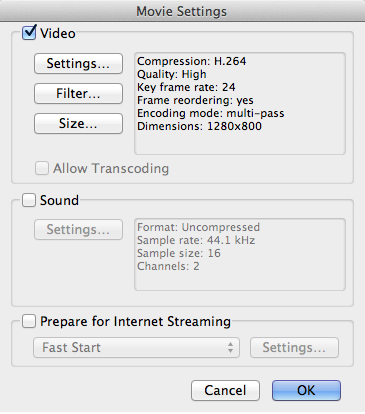 QuickTime Movie settings